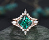 Vintage princess cut emerald ring gold unique emerald engagement ring set 14k rose gold art deco engagement ring moissanite bridal set women