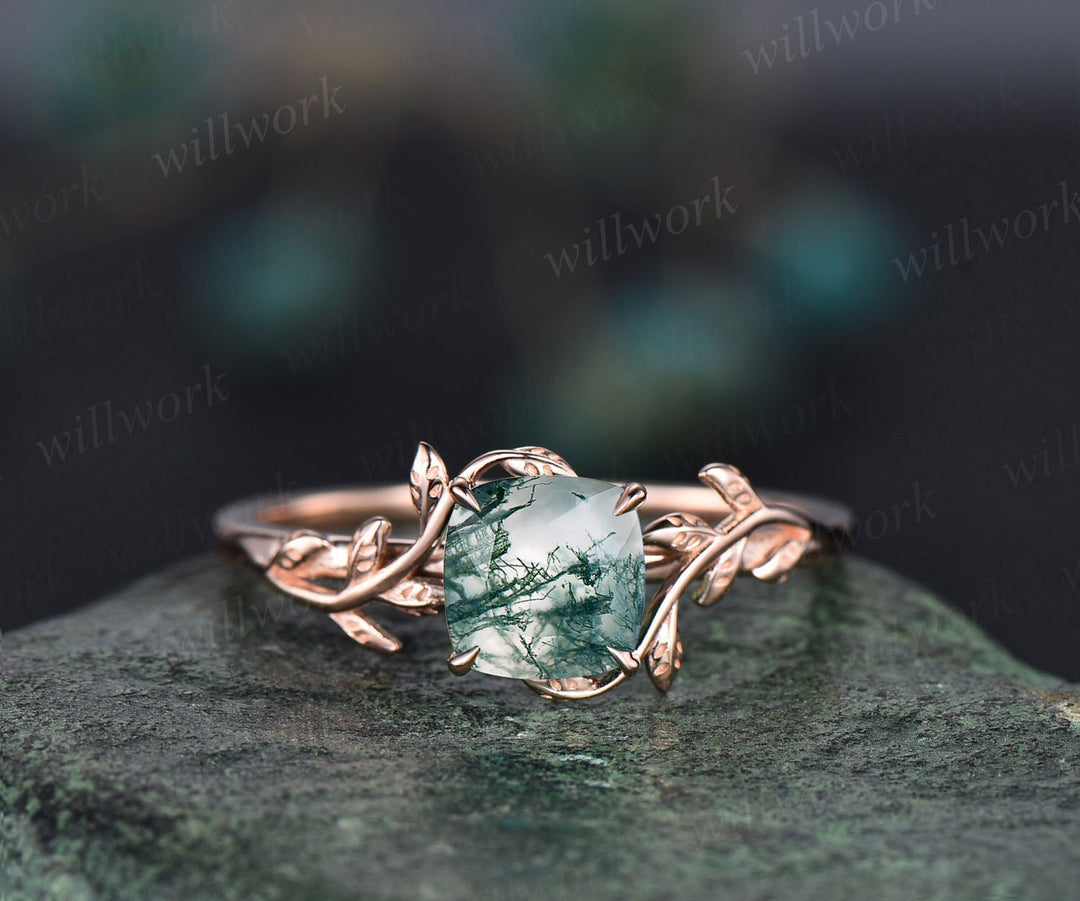 Cushion cut green moss agate ring vintage unique nature inspired engagement ring leaf 14k rose gold ring art deco bridal wedding ring women