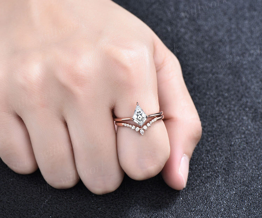 Kite cut solitaire IGI lab-grown engagement ring set rose gold unique dainty wedding ring set women gifts