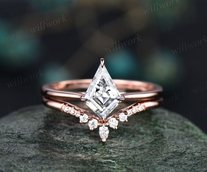 Kite cut solitaire IGI lab-grown engagement ring set rose gold unique dainty wedding ring set women gifts