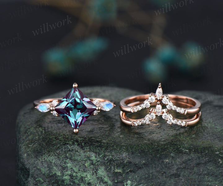 Princess cut Alexandrite engagement ring set 14k rose gold art deco moonstone ring unique engagement ring moissanite wedding ring set women