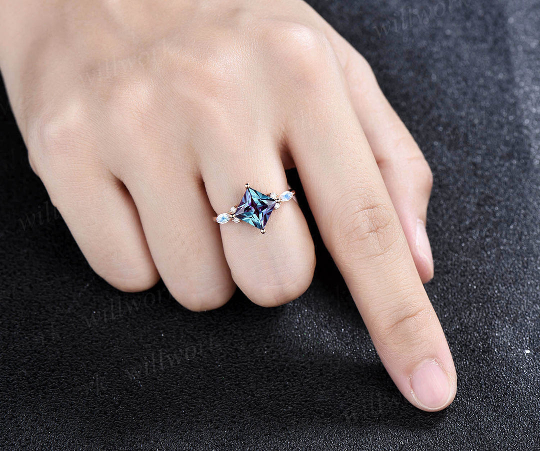 Princess cut Alexandrite engagement ring set 14k rose gold art deco moonstone ring unique engagement ring moissanite wedding ring set women
