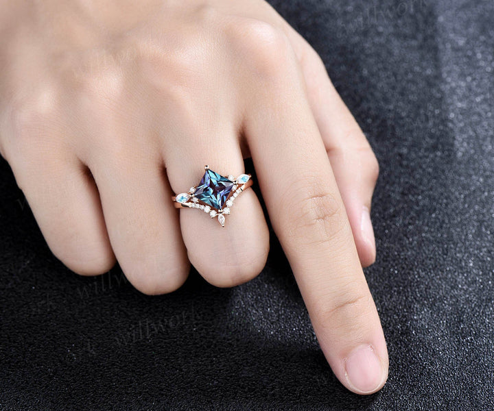 Princess cut Alexandrite engagement ring set 14k rose gold art deco moonstone ring unique engagement ring moissanite wedding ring set women