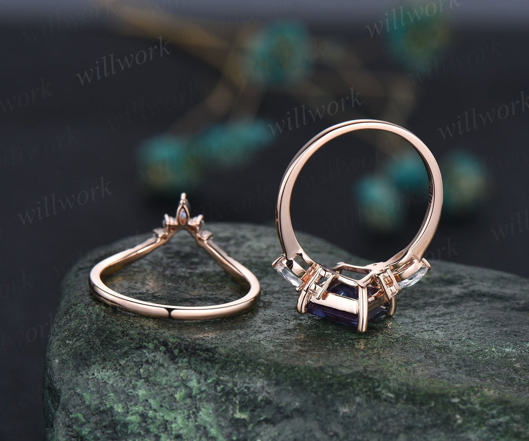 Princess cut Alexandrite engagement ring set 14k rose gold art deco moonstone ring unique engagement ring moissanite wedding ring set women