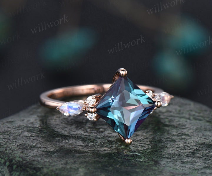 Princess cut Alexandrite engagement ring set 14k rose gold art deco moonstone ring unique engagement ring moissanite wedding ring set women