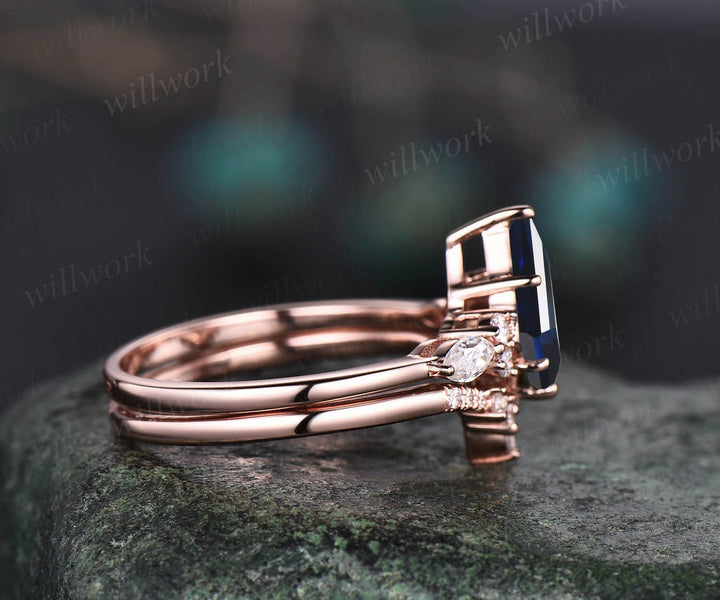 Vintage kite cut blue sapphire ring unique engagement ring set 14k rose gold marquise cut diamond ring women promise bridal wedding ring set