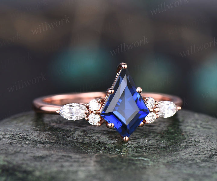Vintage kite cut blue sapphire ring unique engagement ring set 14k rose gold marquise cut diamond ring women promise bridal wedding ring set