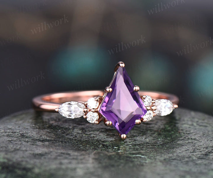 Vintage kite cut purple amethyst ring unique amethyst engagement ring set rose gold marquise cut diamond ring set bridal wedding ring set