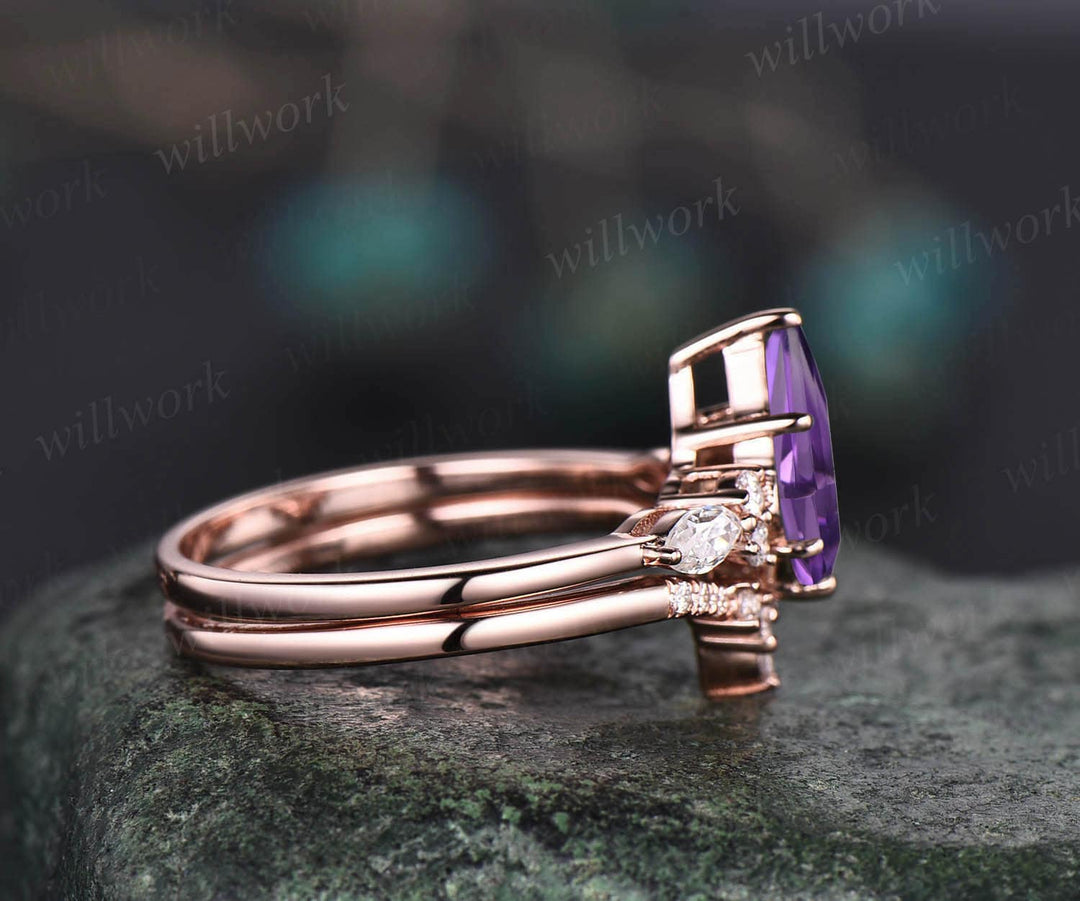 Vintage kite cut purple amethyst ring unique amethyst engagement ring set rose gold marquise cut diamond ring set bridal wedding ring set