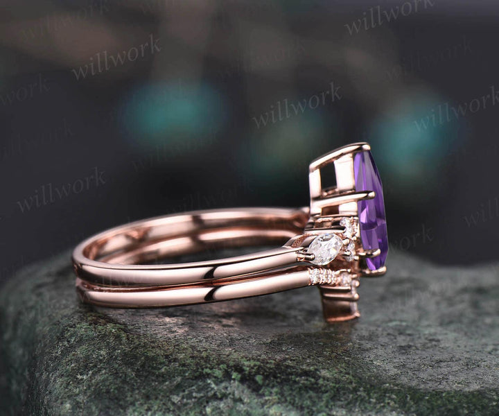 Vintage kite cut purple amethyst ring unique amethyst engagement ring set rose gold marquise cut diamond ring set bridal wedding ring set