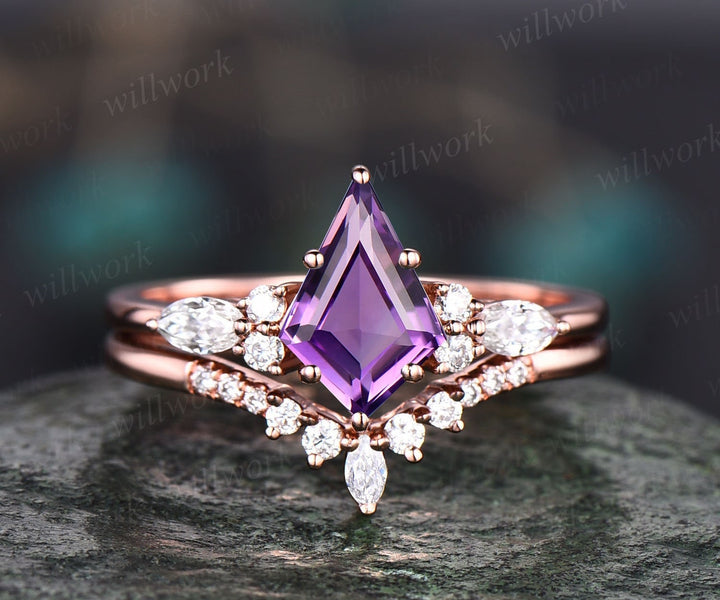 Vintage kite cut amethyst engagement ring art deco rose gold moissanite ring 6 prong bridal wedding ring set women gemstone crystal ring