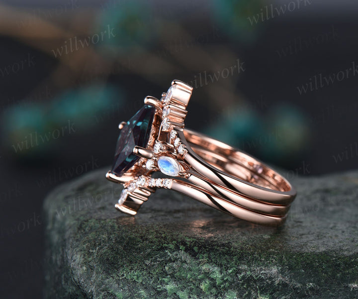 Princess cut Alexandrite engagement ring set 14k rose gold art deco moonstone ring unique engagement ring moissanite wedding ring set women