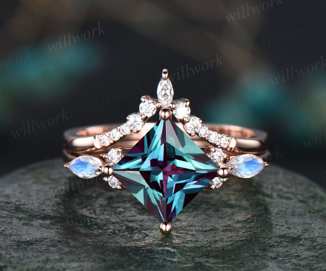 Princess cut Alexandrite engagement ring set 14k rose gold art deco moonstone ring unique engagement ring moissanite wedding ring set women
