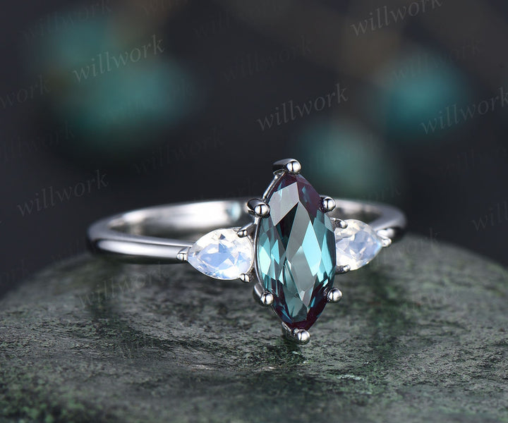 Vintage moonstone Alexandrite engagement ring white gold unique three stone engagement ring June birthstone ring 6 prong wedding ring women