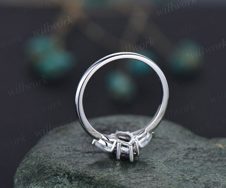 Vintage moonstone Alexandrite engagement ring white gold unique three stone engagement ring June birthstone ring 6 prong wedding ring women