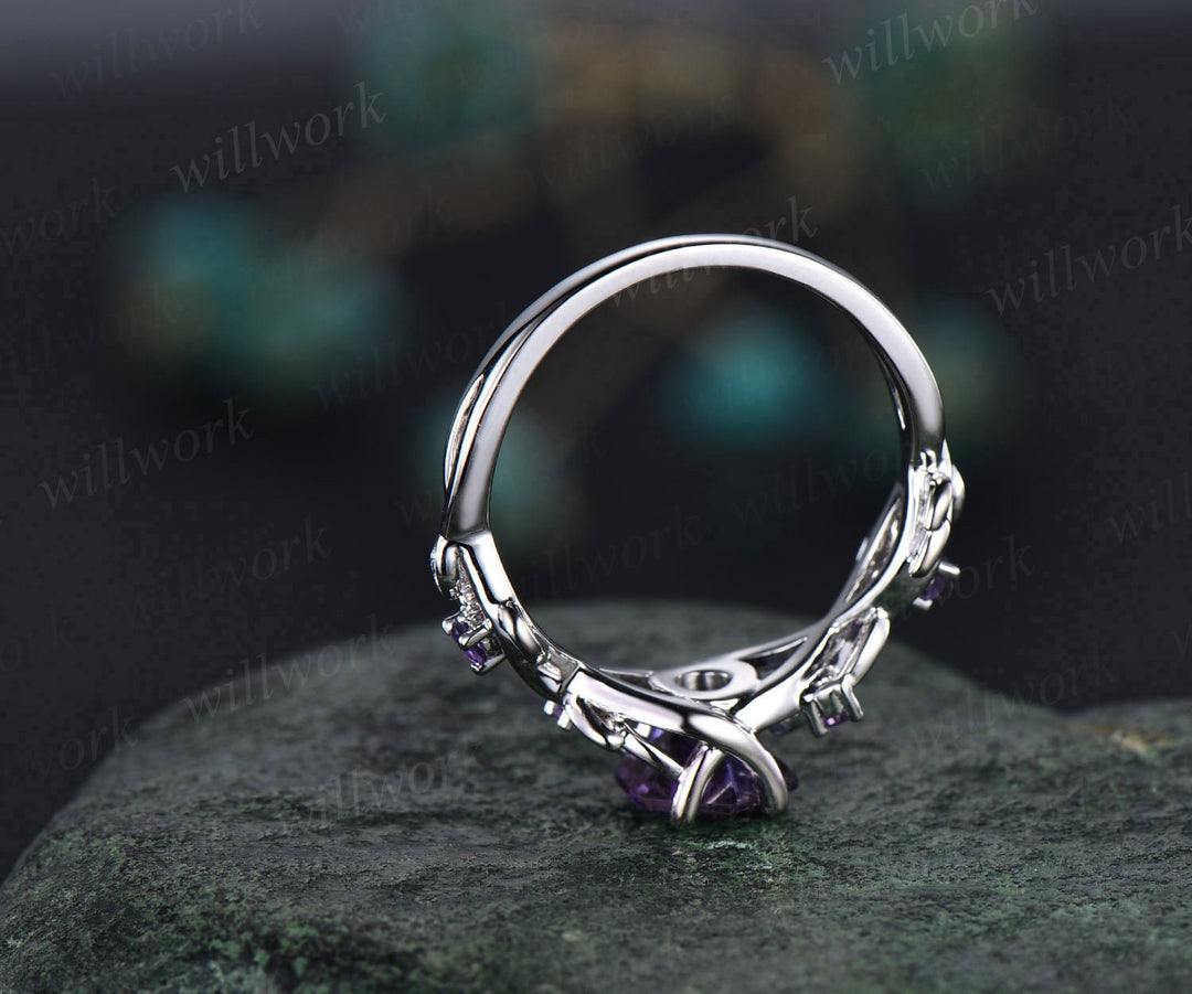 Amethyst ring vintage hexagon cut Amethyst engagement ring 14k white gold leaf ring twisted wedding ring women February birthstone ring gift