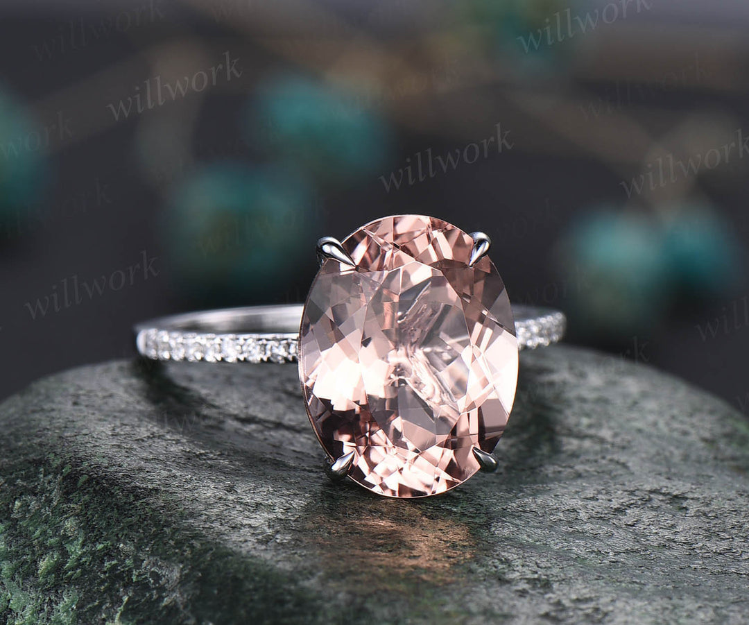 Morganite ring vintage oval cut pink morganite engagement ring 14k white gold half eternity diamond ring promise wedding ring women jewelry