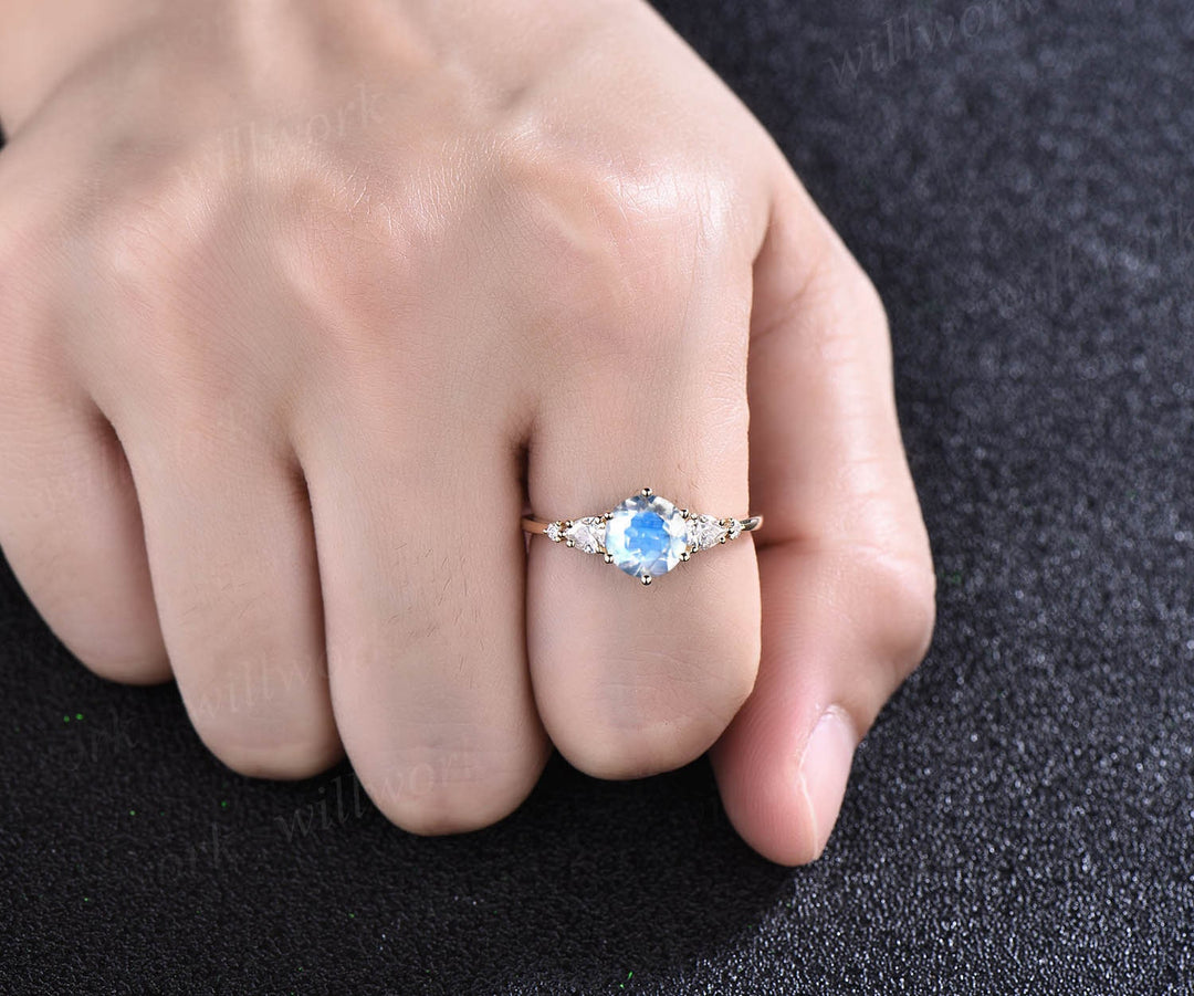 Moonstone ring set gold vintage round cut moonstone engagement ring five stone pear shaped moissanite stacking bridal wedding ring set gift
