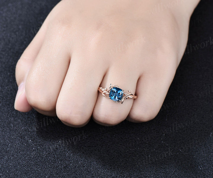 Vintage cushion cut London blue topaz engagement ring rose gold leaf nature inspired engagement ring solitaire promise wedding ring women