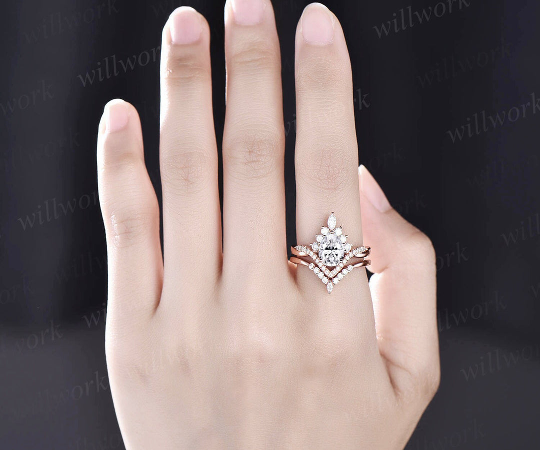 Moissanite ring set vintage rose gold pear shaped moissanite engagement ring set halo unique engagement ring twisted wedding ring women gift