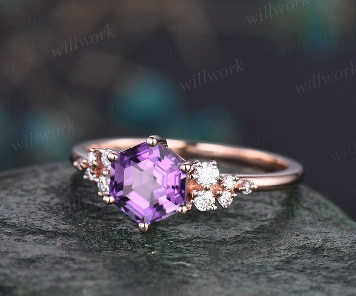 Amethyst ring vintage Hexagon cut purple Amethyst engagement ring set rose gold unique snowdrift engagement ring diamond wedding ring set