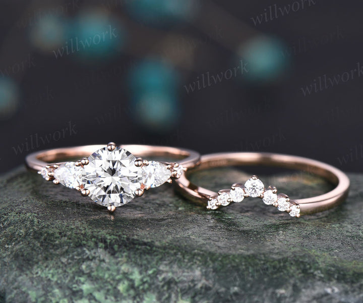 Round cut moissanite ring vintage moissanite engagement ring set five stone rose gold unique engagement ring promise bridal wedding ring set