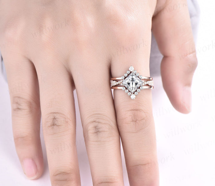 Moissanite ring vintage princess cut moissanite engagement ring set rose gold unique engagement ring twisted diamond wedding ring set women