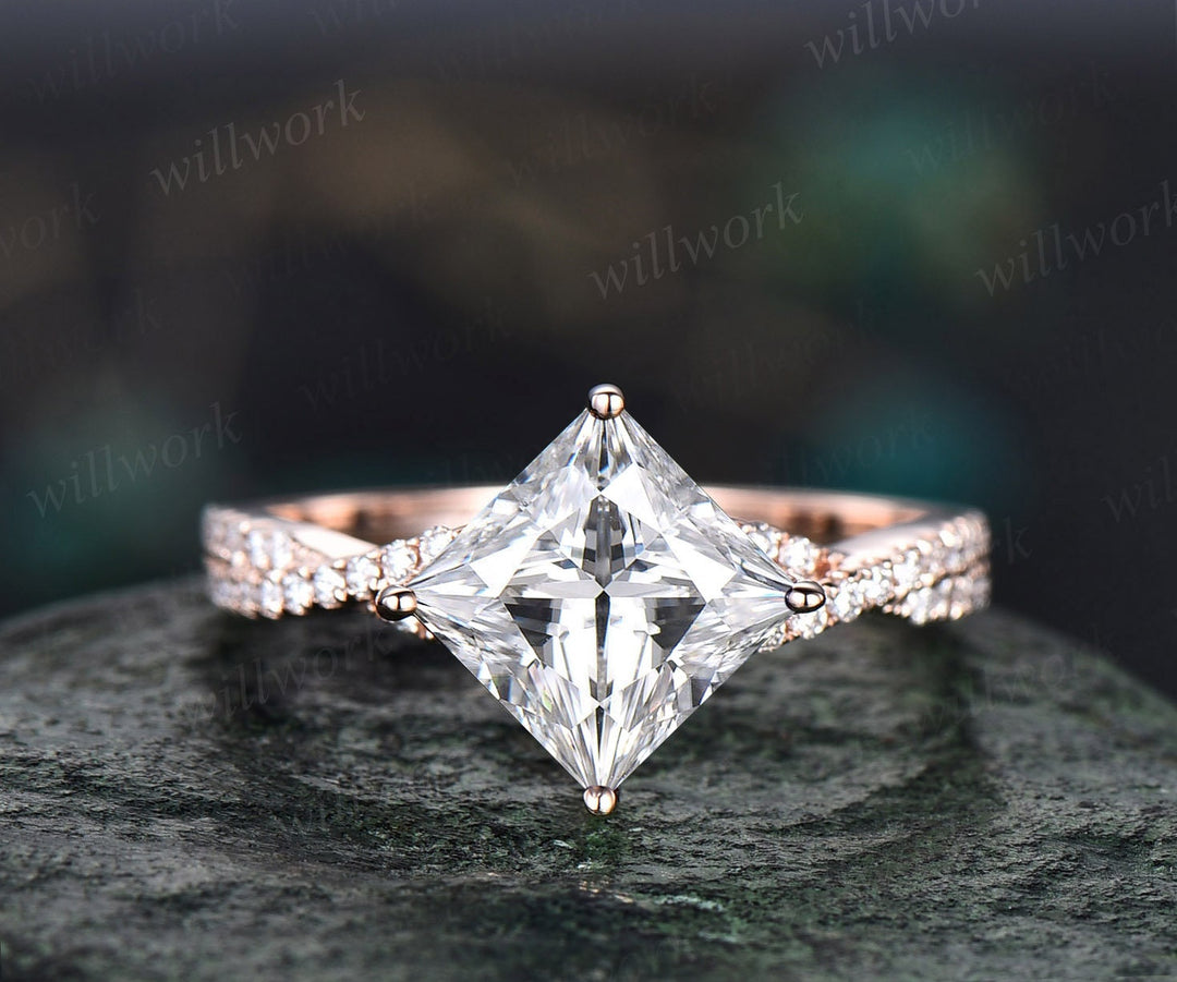 Moissanite ring vintage princess cut moissanite engagement ring set rose gold unique engagement ring twisted diamond wedding ring set women