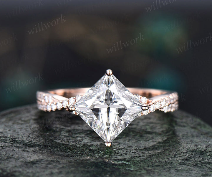 Moissanite ring vintage princess cut moissanite engagement ring set rose gold unique engagement ring twisted diamond wedding ring set women