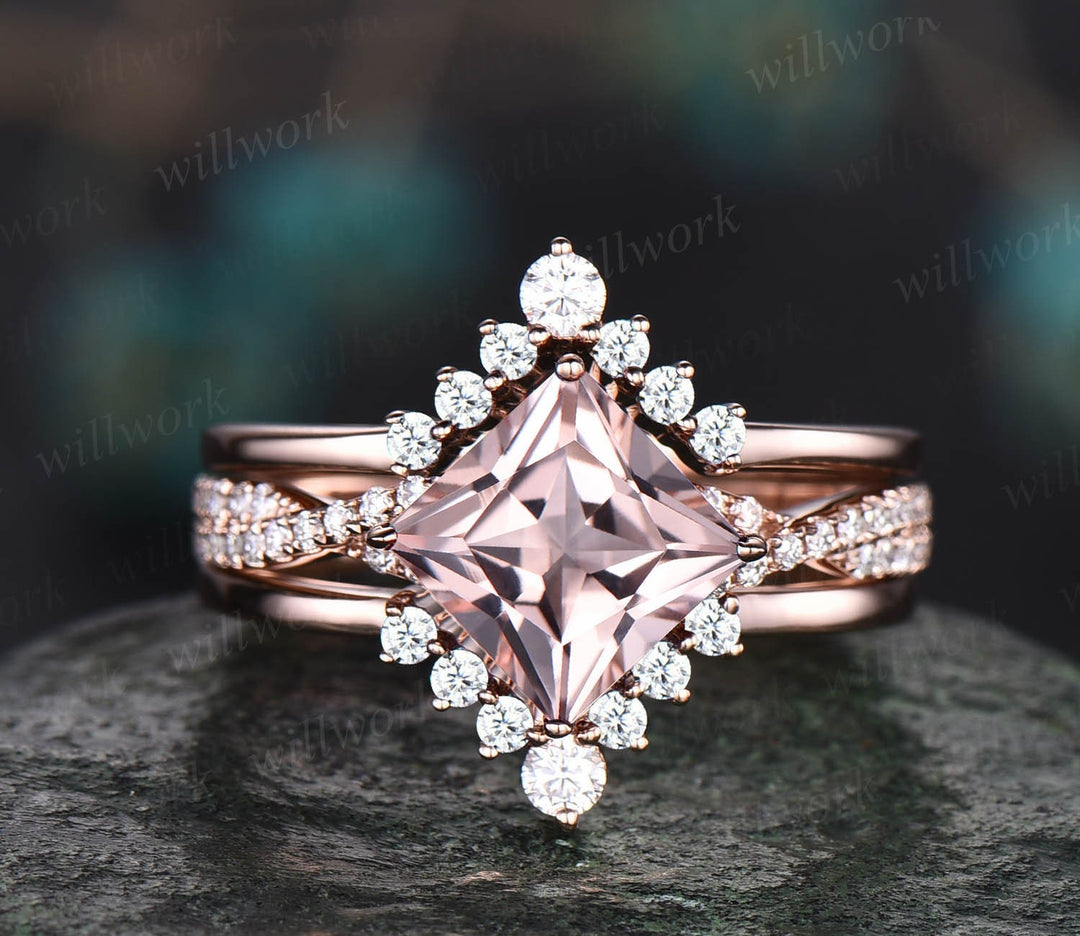 Morganite ring vintage princess cut morganite engagement ring set rose gold unique engagement ring twisted diamond bridal ring set women
