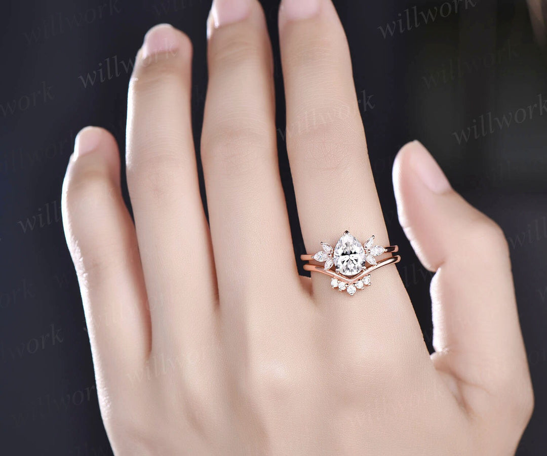 Moissanite ring set Pear shaped Moissanite engagement ring set art deco cluster unique rose gold engagement ring women bridal promise ring