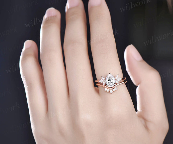 Moissanite ring set Pear shaped Moissanite engagement ring set art deco cluster unique rose gold engagement ring women bridal promise ring