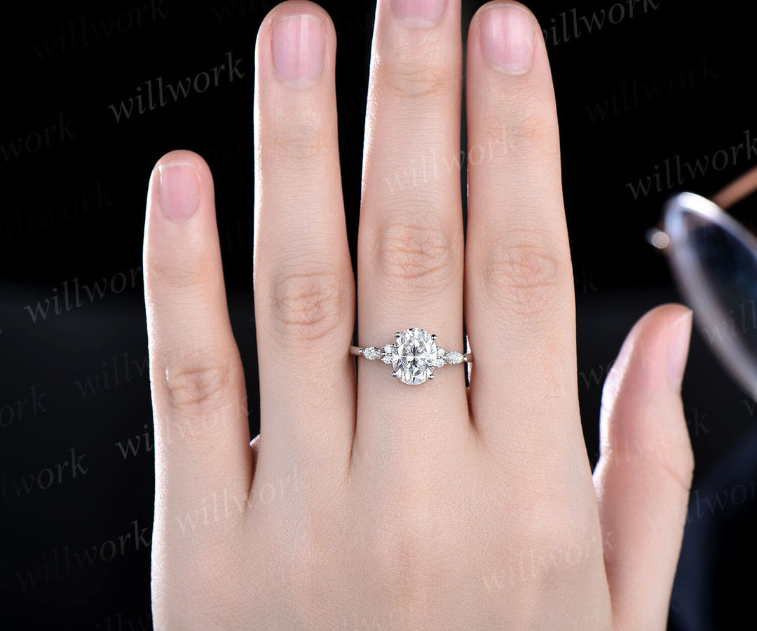 Moissanite ring 2ct oval moissanite engagement ring art deco unique white gold engagement ring marquise cut diamond ring wedding ring women