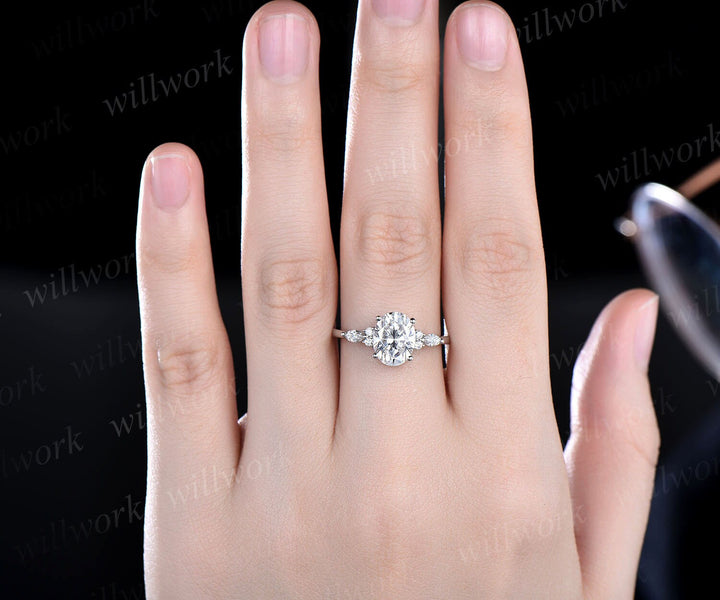 Moissanite ring 2ct oval moissanite engagement ring art deco unique white gold engagement ring marquise cut diamond ring wedding ring women