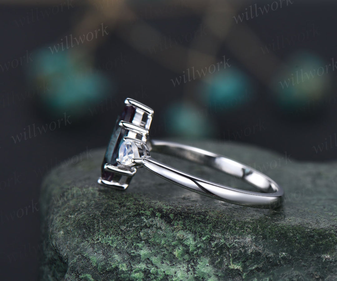 Vintage moonstone Alexandrite engagement ring white gold unique three stone engagement ring June birthstone ring 6 prong wedding ring women
