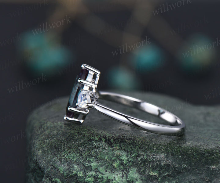 Vintage moonstone Alexandrite engagement ring white gold unique three stone engagement ring June birthstone ring 6 prong wedding ring women