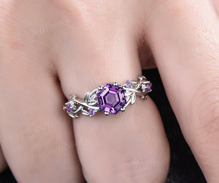Amethyst ring vintage hexagon cut Amethyst engagement ring 14k white gold leaf ring twisted wedding ring women February birthstone ring gift