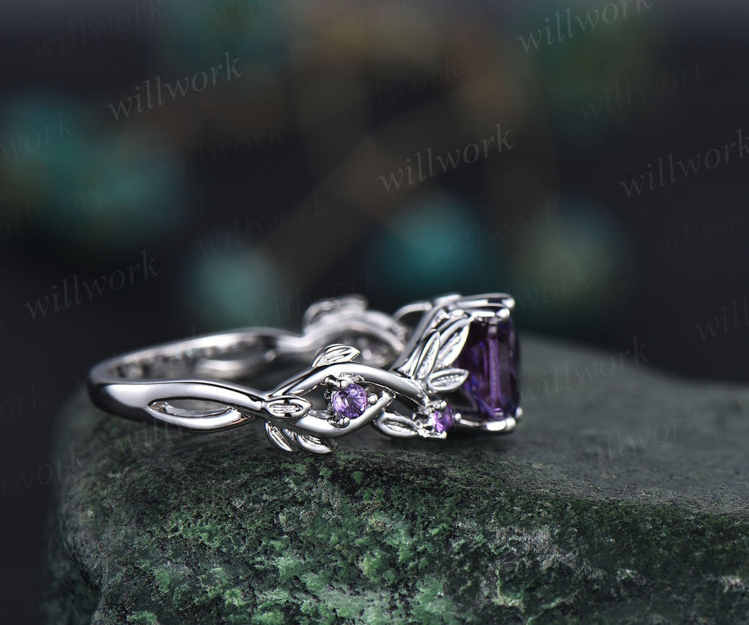 Amethyst ring vintage hexagon cut Amethyst engagement ring 14k white gold leaf ring twisted wedding ring women February birthstone ring gift