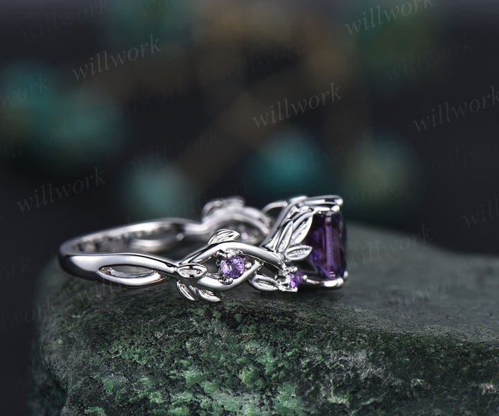 Amethyst ring vintage hexagon cut Amethyst engagement ring 14k white gold leaf ring twisted wedding ring women February birthstone ring gift