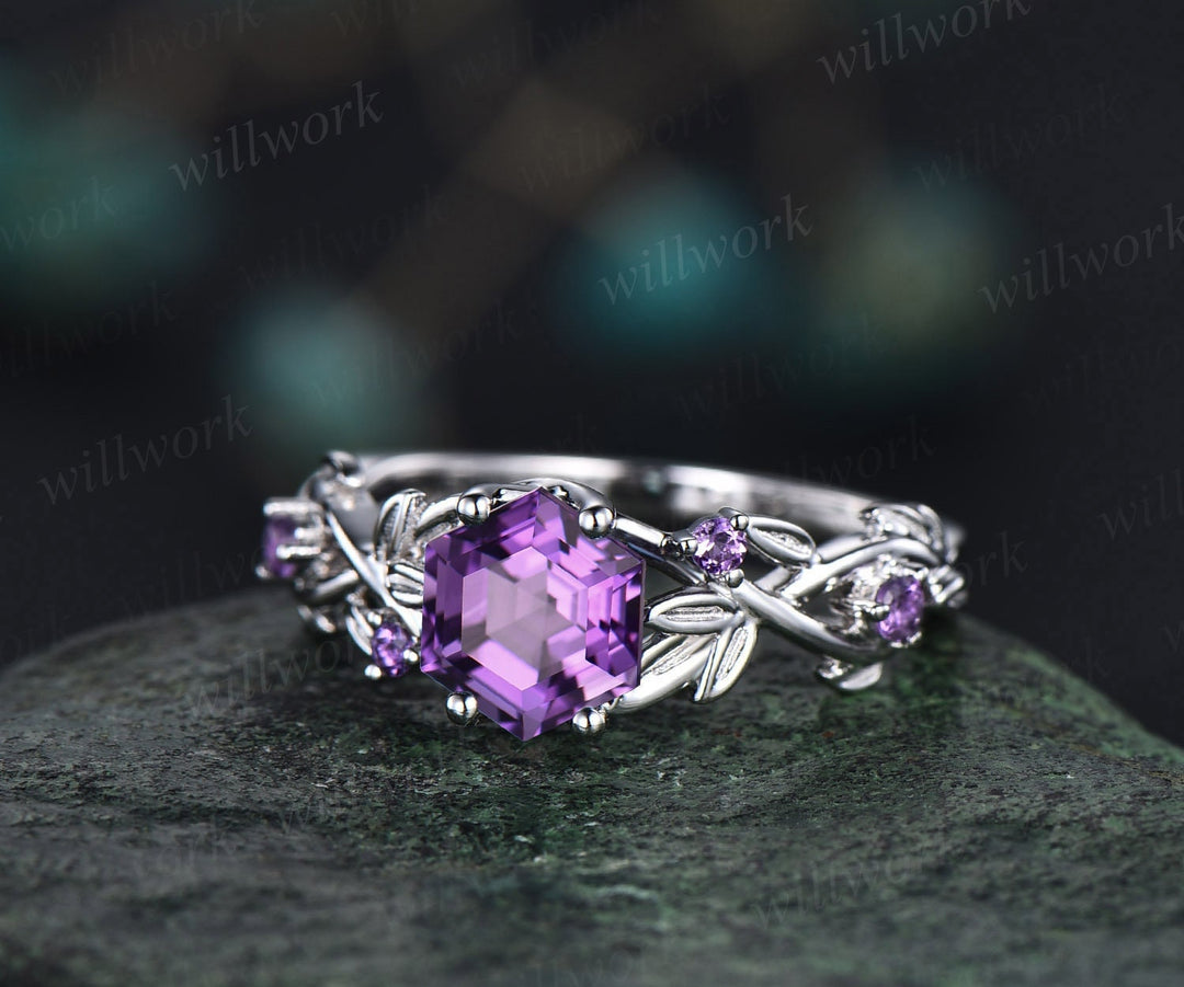 Amethyst ring vintage hexagon cut Amethyst engagement ring 14k white gold leaf ring twisted wedding ring women February birthstone ring gift