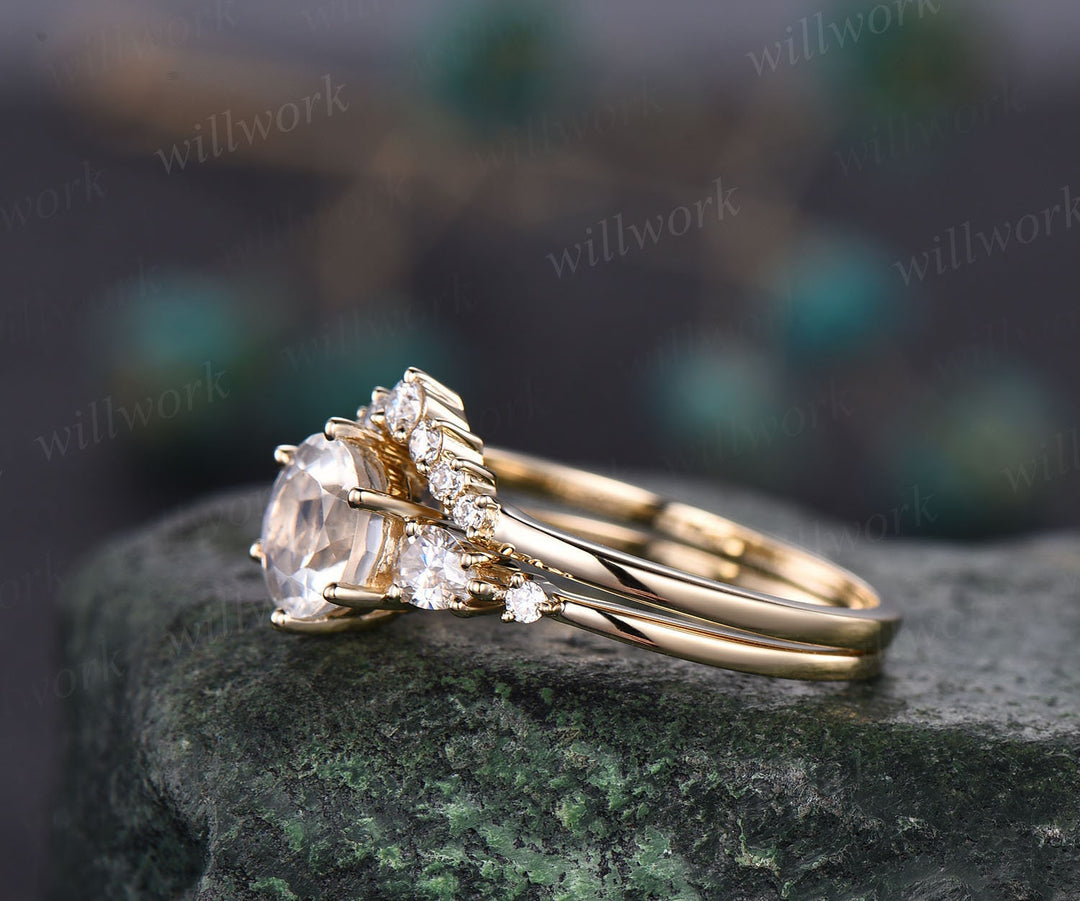 Moonstone ring set gold vintage round cut moonstone engagement ring five stone pear shaped moissanite stacking bridal wedding ring set gift