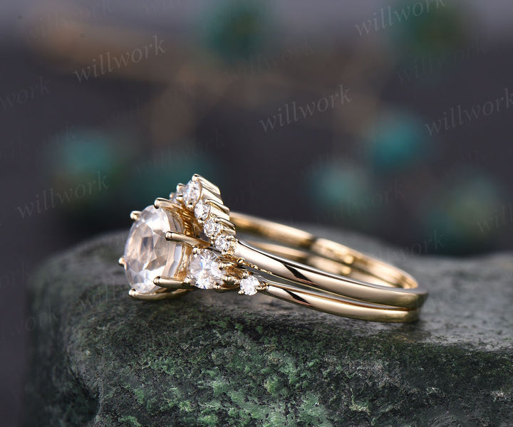 Moonstone ring set gold vintage round cut moonstone engagement ring five stone pear shaped moissanite stacking bridal wedding ring set gift