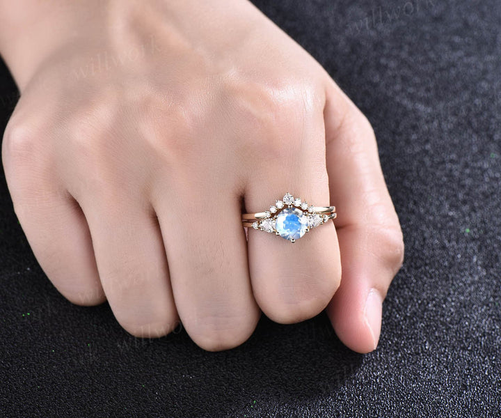 Moonstone ring set gold vintage round cut moonstone engagement ring five stone pear shaped moissanite stacking bridal wedding ring set gift