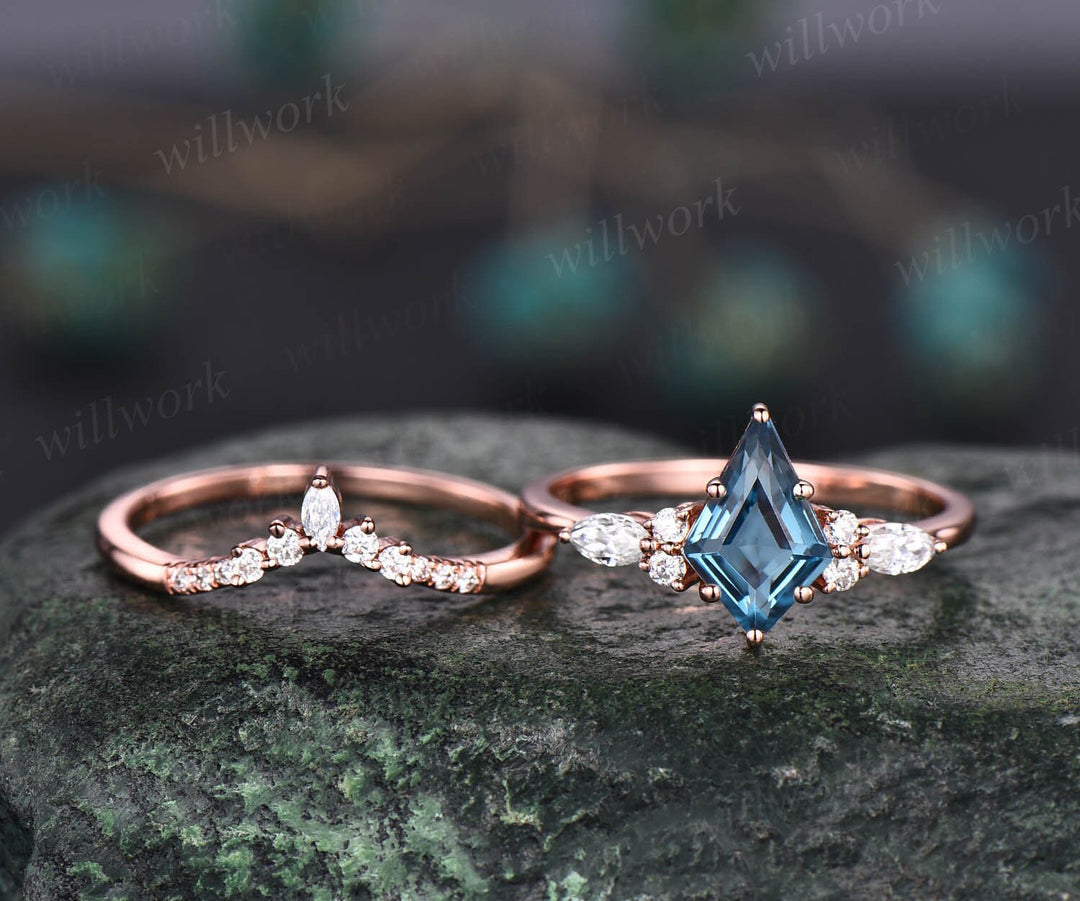 Kite cut London blue topaz engagement ring set vintage rose gold marquise moissanite ring set December birthstone ring anniversary ring