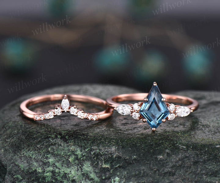 Kite cut London blue topaz engagement ring set vintage rose gold marquise moissanite ring set December birthstone ring anniversary ring