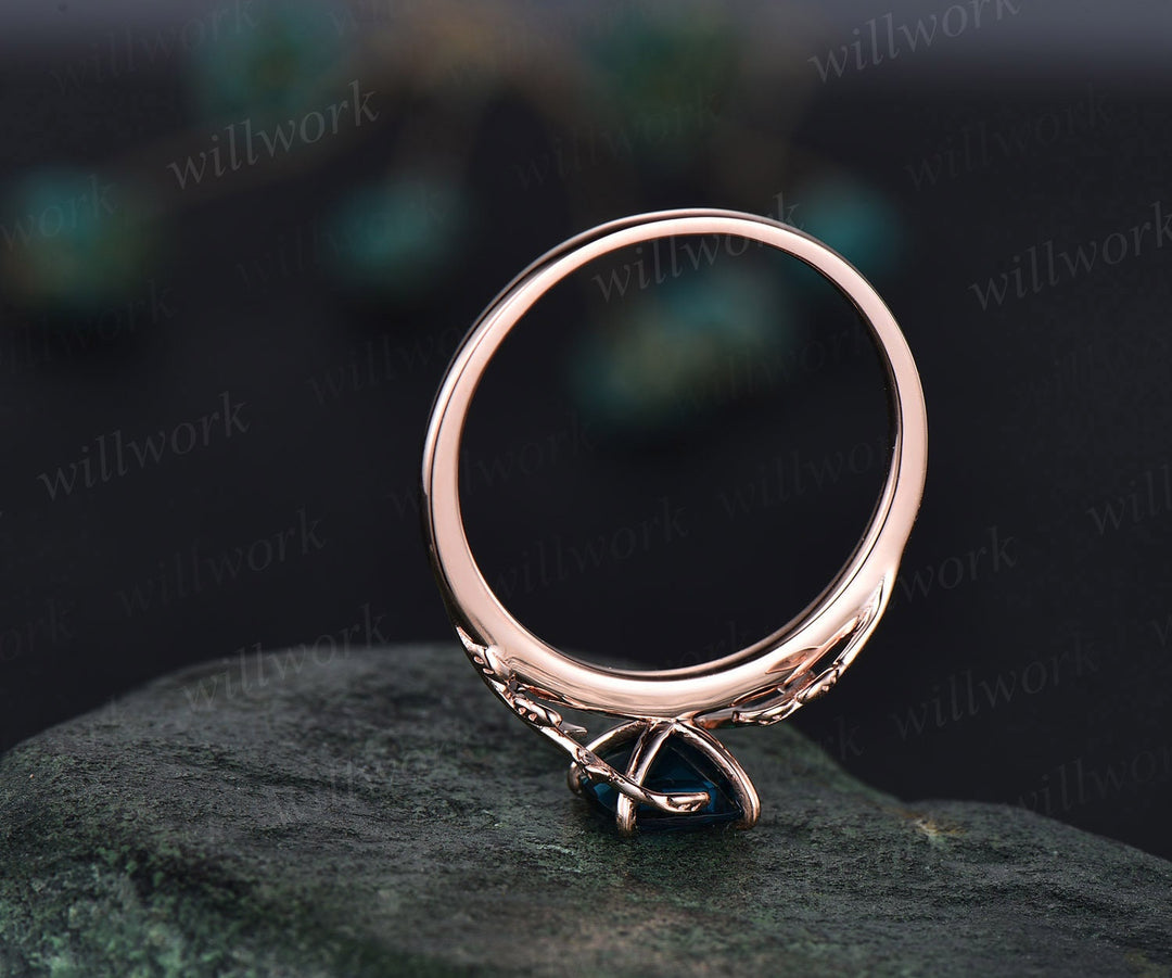 Vintage cushion cut London blue topaz engagement ring rose gold leaf nature inspired engagement ring solitaire promise wedding ring women