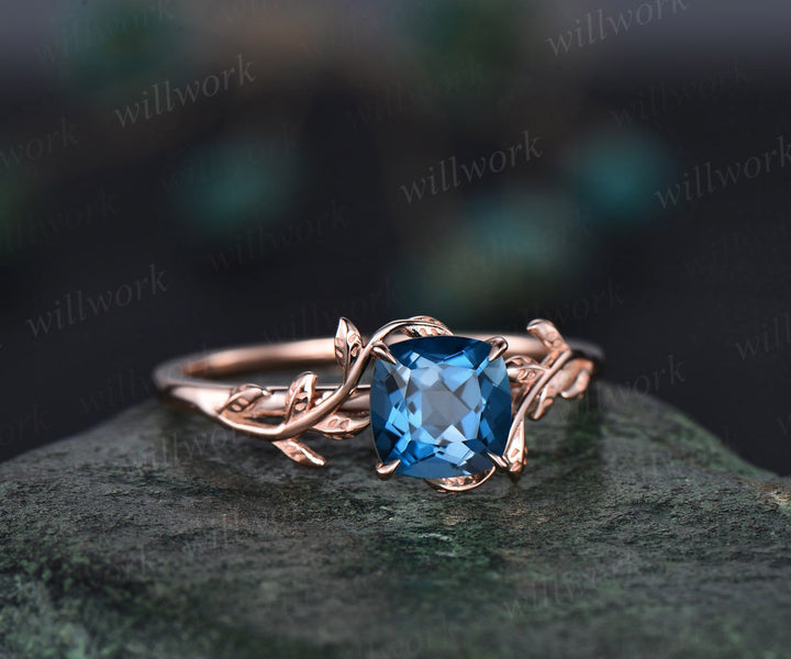 Vintage cushion cut London blue topaz engagement ring rose gold leaf nature inspired engagement ring solitaire promise wedding ring women