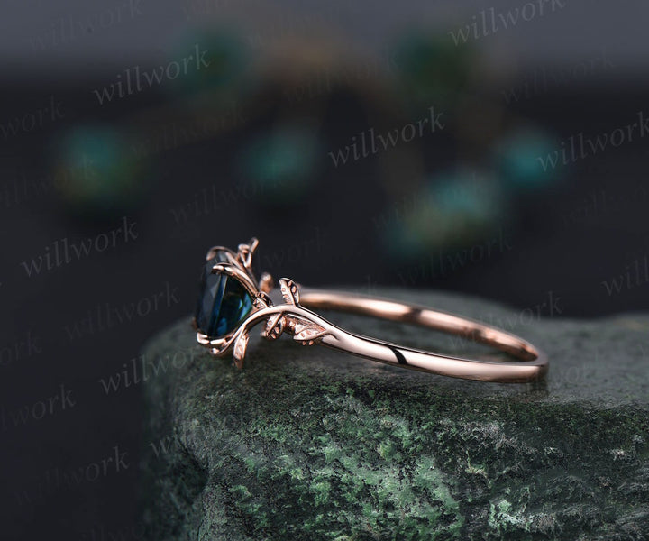 Vintage cushion cut London blue topaz engagement ring rose gold leaf nature inspired engagement ring solitaire promise wedding ring women