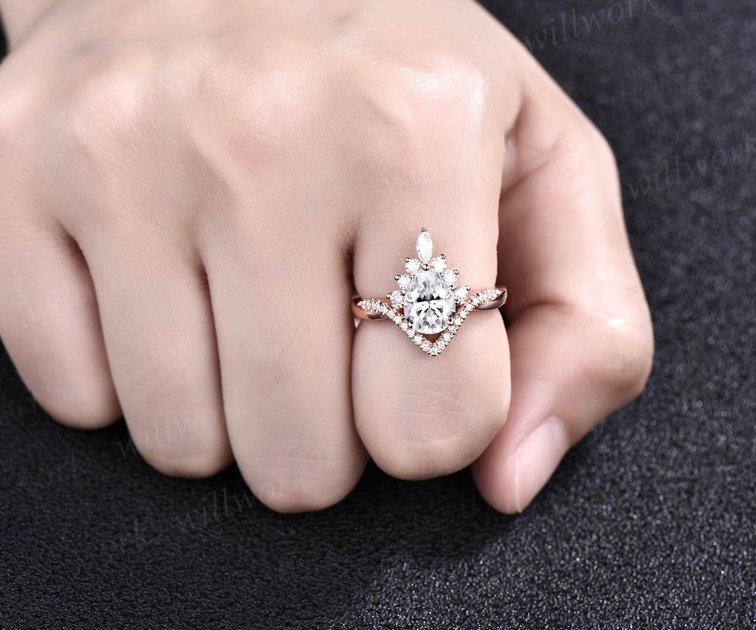 Moissanite ring set vintage rose gold pear shaped moissanite engagement ring set halo unique engagement ring twisted wedding ring women gift