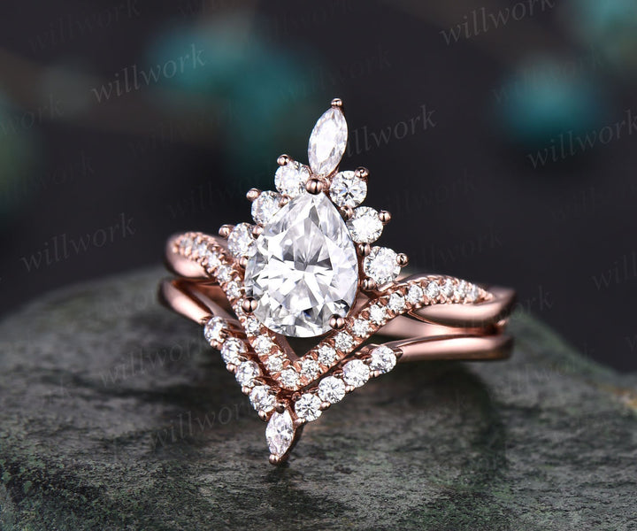 Moissanite ring set vintage rose gold pear shaped moissanite engagement ring set halo unique engagement ring twisted wedding ring women gift